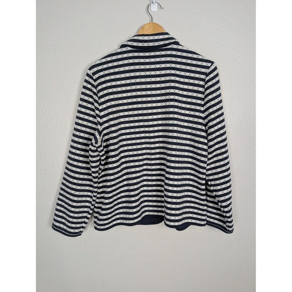 Chico's Jacket Womens Large 2 Blue White Striped Quilted Knit Button Front Piped - Picture 2 of 7